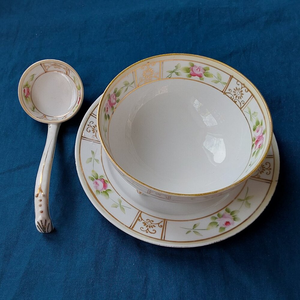 Antique hand painted mayonnaise set delicate roses and gold accents 3 pieces